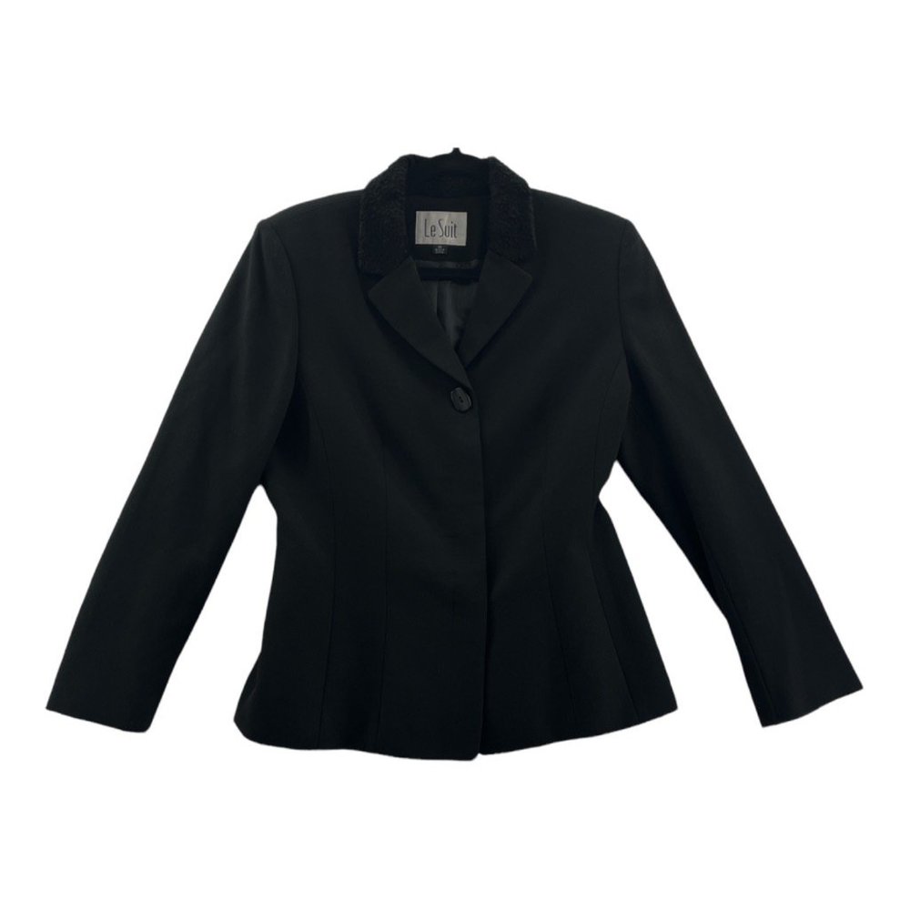Le Suit Womens Blazer Black Lined Long Sleeve Buttons Faux Fur Notch Lapel 10